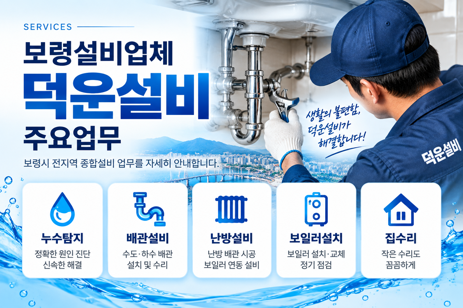 보령설비업체 덕운설비 주요업무: 누수탐지, 배관설비, 난방설비, 보일러설치, 집수리